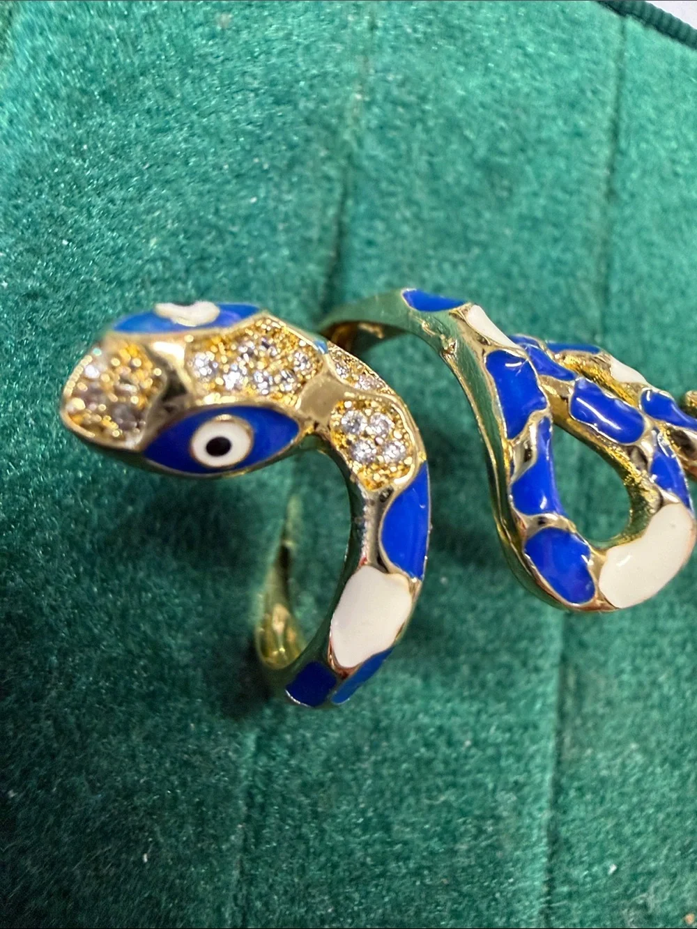Blue & White Enamel Snake Wrap Ring size 8